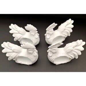 Unique Rooster Large Comb Large Plummage Napkin Rings White Porcelain Set Of 4